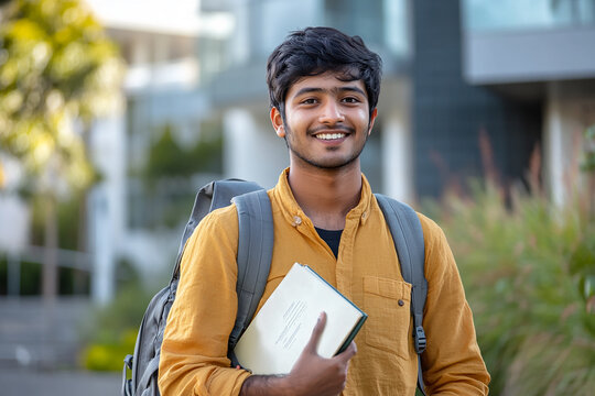Cheerful Indian university student standing outside, holding a bag and book, looking excited about their upcoming study abroad journey, with enthusiasm and hope.

