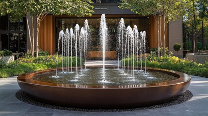 Modern fountain in a landscaped courtyard.