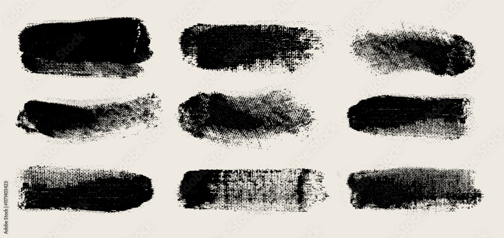 Poster set of black text boxes brush strokes vector. grunge design art elements. dirty texture banners. pai