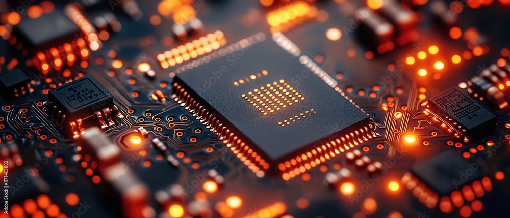 Poster close-up of illuminated microchip on circuit board.