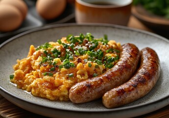 Delicious Plate of Scrambled Eggs with Sausage and Fresh Chives Served on a Rustic Plate Surrounded by Breakfast Ingredients and Natural Light