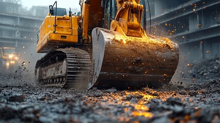 Fototapeta premium Powerful Excavator at Work: Construction Site Action