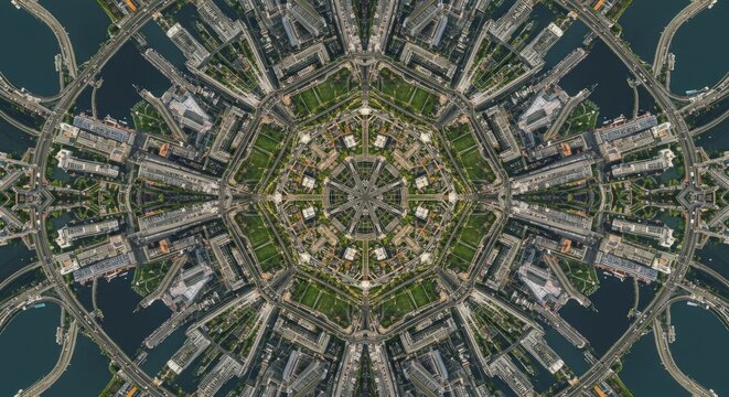 A kaleidoscope image effect applied to a photograph of a cityscape