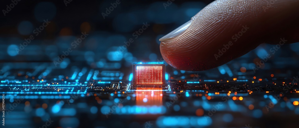 Poster fingertip activating glowing microchip on circuit board.
