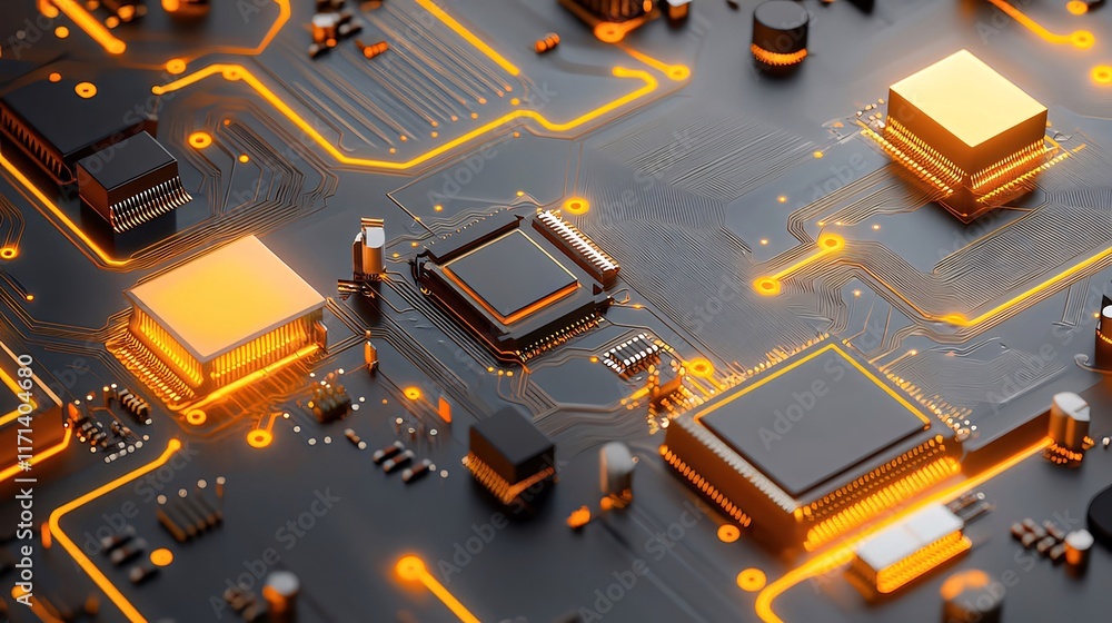 Poster close-up of illuminated circuit board with glowing components.