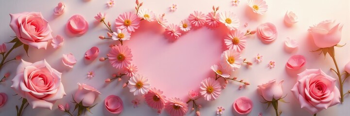 Elegant pink roses and daisy flowers arranged gracefully around a heart shaped space, ideal for Valentine's or romance related designs