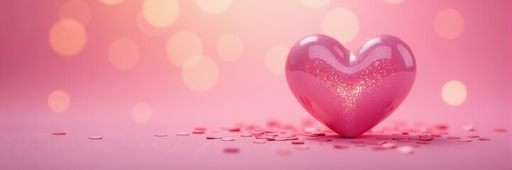 Fototapeta premium Shiny pink heart with glitter and heart shaped confetti laying on soft pink background with bokeh lights, representing love and romance