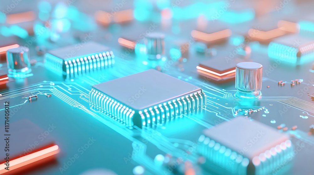 Poster close-up of illuminated circuit board with processors.