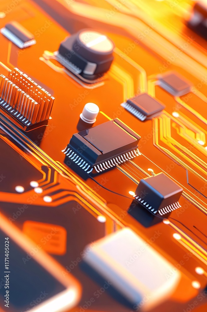 Poster close-up of orange circuit board with microchips and components.