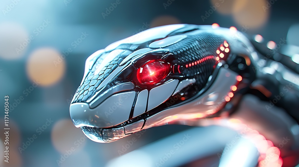 Poster glowing futuristic cybernetic snake armor with sharp scales and robotic textures surreal digital of 