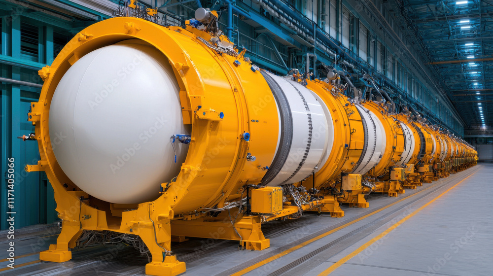 Poster research lab concept. row of advanced particle accelerator components in high tech laboratory