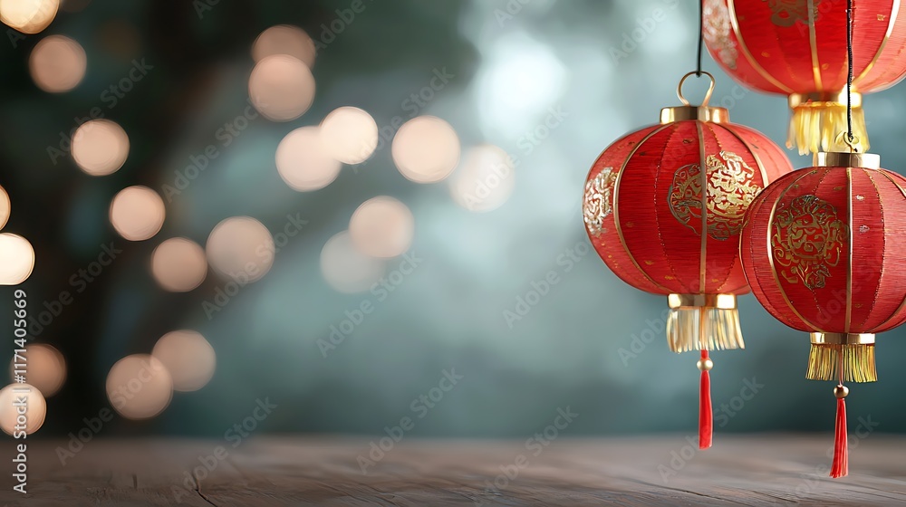 Poster festive red and gold chinese lanterns hanging over a cheerful table setting creating a warm and invi