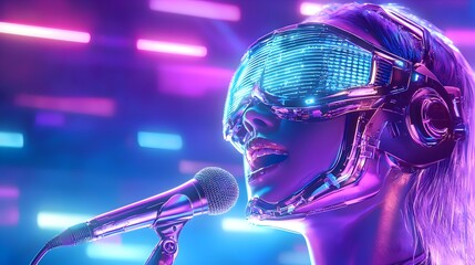 A woman in a robot costume singing into a microphone