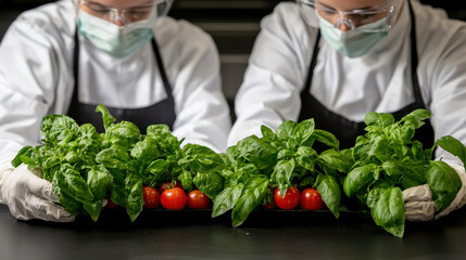 Research Lab concept. Scientists analyzing fresh basil and tomatoes in food science lab