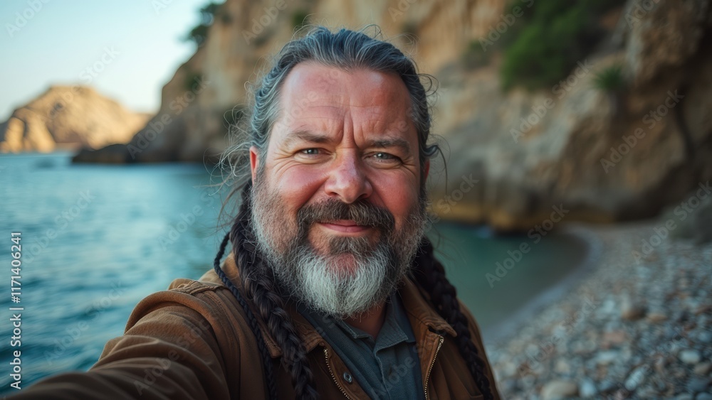 Poster man with a beard and dreadlocks is smiling for the camera