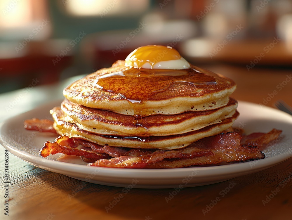 Poster delicious stack of fluffy pancakes with crispy bacon and sunny-side up egg drizzled with maple syrup