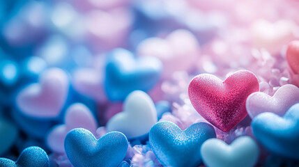Obraz premium Colorful heart-shaped candies create a romantic atmosphere for Proposal Day celebration