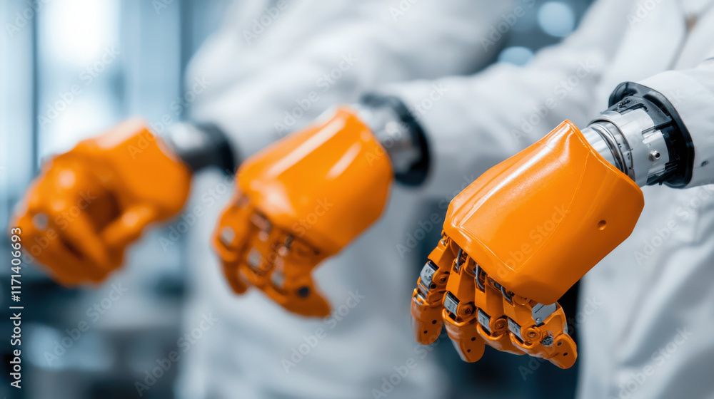 Aufkleber research lab concept. close up of robotic arms with orange mechanical hands in laboratory setting