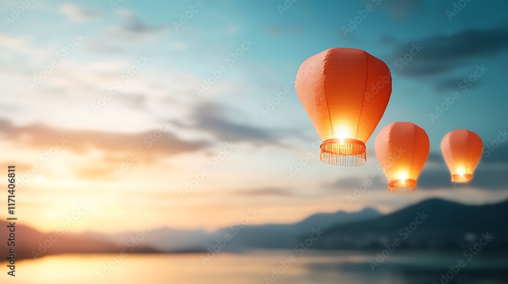 Poster glowing lanterns drifting peacefully in a tranquil evening sky creating a serene and enchanting atmo