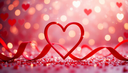 Elegant Red Ribbon Heart on Sparkling Background Generative AI