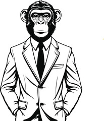 A male human body and monkey head, the man will be wearing a coat and tie. Vector line art. No color, thick line art. Very simple art style 11.eps