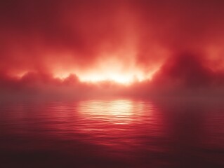 Red sunset over foggy water.