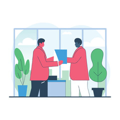 Two minimalist characters exchanging documents