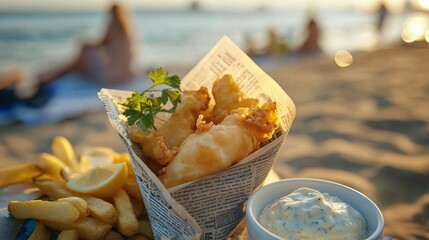 Golden Fish and Chips on the Beach at Sunset