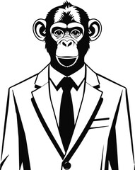 A male human body and monkey head, the man will be wearing a coat and tie. Vector line art. No color, thick line art. Very simple art style 18.eps