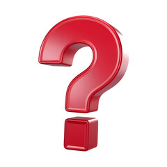 A 3D render of a cartoon-style red question mark. The question mark is floating in the air and is isolated on a transparent background.