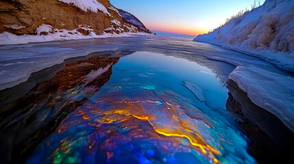 Vibrant sunset reflected in icy water, winter landscape.