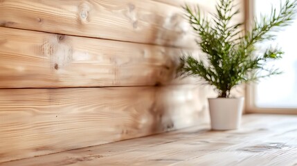 Fototapeta premium Wooden table with plant near window.
