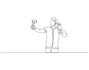 Continuous line drawing of man selfie use smartphone. Single line illustration of man take a selfie. Traveler, lifestyle concept. Editable outline