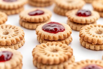 Close-up of delicious jam-filled sandwich cookies. The golden-brown cookies are stacked, showcasing a vibrant red jam filling. Sweet treat perfection!