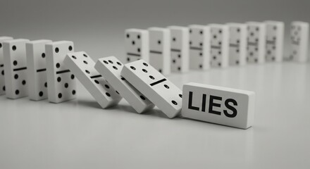 A stack of dominoes falling, with one domino labeled LIES