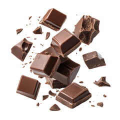 Delicious Dark Chocolate Pieces Falling on White Background