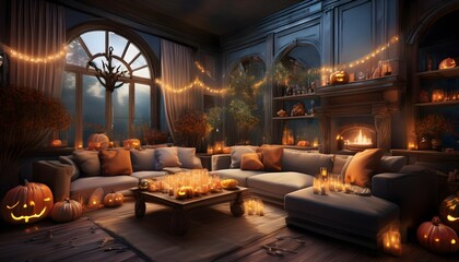 Obraz premium Cozy Halloween Living Room Pumpkins Candles Fireplace