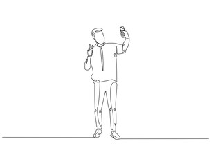 Continuous line drawing of man selfie use smartphone. Single line illustration of man take a selfie. Traveler, lifestyle concept. Editable outline