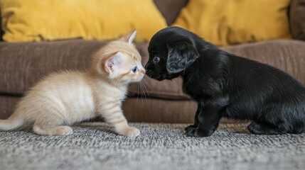 Obraz premium A kitten curiously sniffing a puppy in a living room setting.