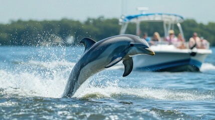 A dolphin jumping out of the water alongside a boat, with people watching.