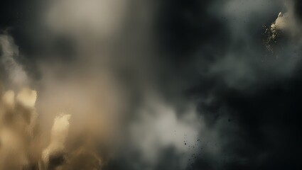 Smoke rising in a dark forest under a textured sky with clouds and mist
