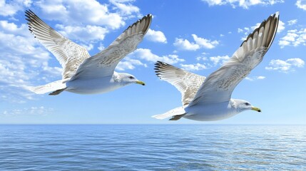 Birds Soaring Over Open Ocean Under Bright Sunlight