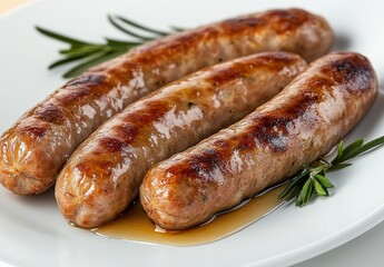 Deliciously Grilled Sausages on a White Plate with Fresh Herbs, Perfect for Barbecues and Family Gatherings, Ideal for Food Photography and Culinary Inspiration