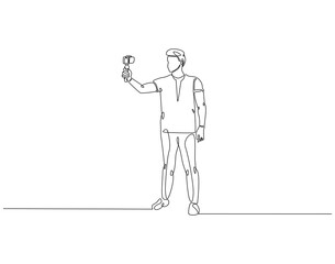 Continuous line drawing of man selfie use smartphone. Single line illustration of man take a selfie. Traveler, lifestyle concept. Editable outline