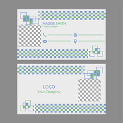 Professional Business Card designed of squares, patterns, icons, header and footer, minimal description, modern and simple ideas 