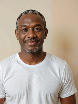 Retrato de un hombre negro vistiendo una camiseta blanca de algod&oacute;n en el interior de una habitaci&oacute;n 