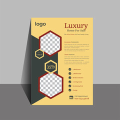 Real Estate Advertising Flyer of modern cover design, various colour, hexagons, icons, house descriptions, company descriptions