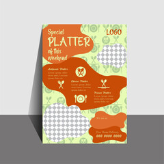 Restaurant Platter Flyer and cover design with attractive colours, creative icons, watermarks and customized shapes.