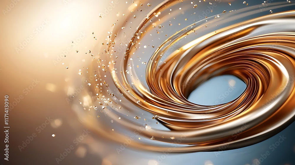 Poster mesmerizing metallic spiral vortex dynamic futuristic motion artwork with shimmering golden swirls a