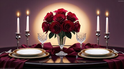  Elegant Romantic Dinner Setup with Red Roses and Candles, Luxurious Atmosphere